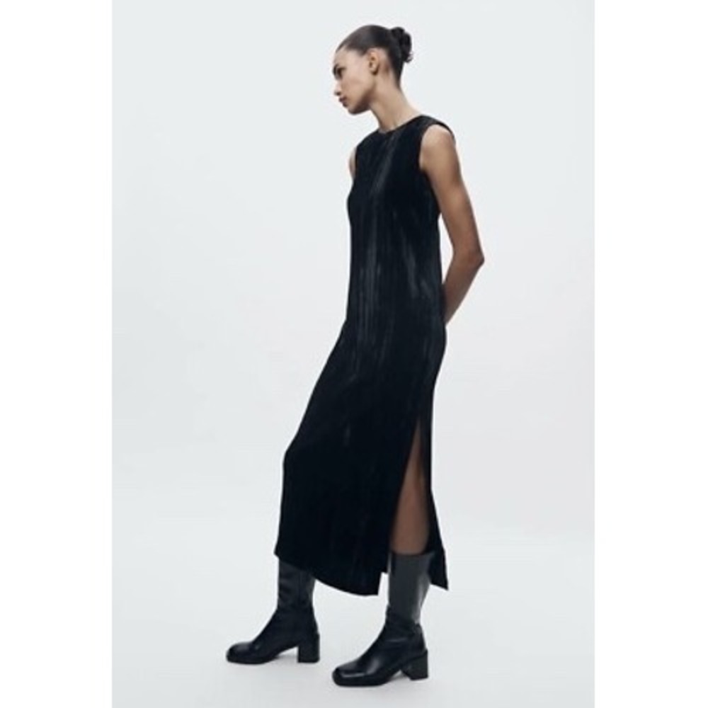 Zara Black Crushed Velvet Sleeveless Maxi Dress Side Slit XS